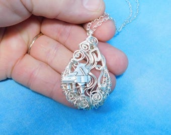 Piano Pendant Musical Theme Music Teacher Necklace, Unique Woven Wire Wrapped Musician Jewelry, Artisan Crafted Handmade Wearable Art Gift