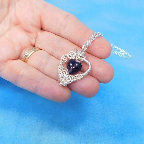 Wire Wrapped Amethyst Pendant February Birthstone Necklace, Unique Woven Wire Wearable Art Heart Jewelry, Artistic Birthday Present for Wife