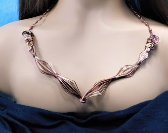 Unique Copper Bib Necklace, Artistic Wire Wrapped Statement Jewelry, One of a Kind Sculpted Wire Wearable Art Present for 7th Anniversary