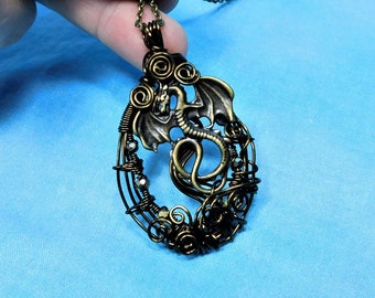 Unique Dragon Theme Jewelry, Rustic Copper Wire Wrapped Fantasy Necklace, Artistic Handmade Pendant, One of a Kind Wearable Art Jewelry