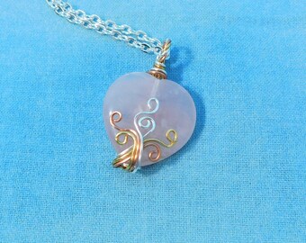 Wire Wrapped Rose Quartz Heart Necklace, Pink Heart Shaped Pendant, Wearable Art Gemstone Jewelry Birthday Present for Wife or Girlfriend
