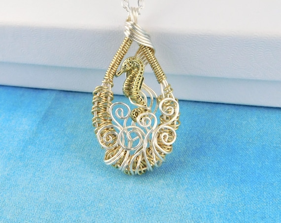 Artistic Seahorse Necklace Unique Wire Wrapped Ocean Theme Pendant, Artisan Crafted Wearable Art Beach Jewelry One of a Kind Gift for Women
