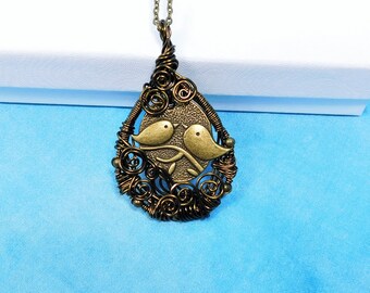 Unique Wire Wrapped Bird Nest Necklace, Handmade Pendant Bird Family Jewelry, Lovebird Pendant, Anniversary Present for Wife or Girlfriend