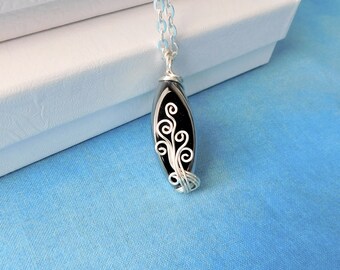 Wire Wrapped Black Glass Necklace, Unique Wire Sculpted Pendant, Artistic Wearable Art Jewelry Birthday or Anniversary Present for Women