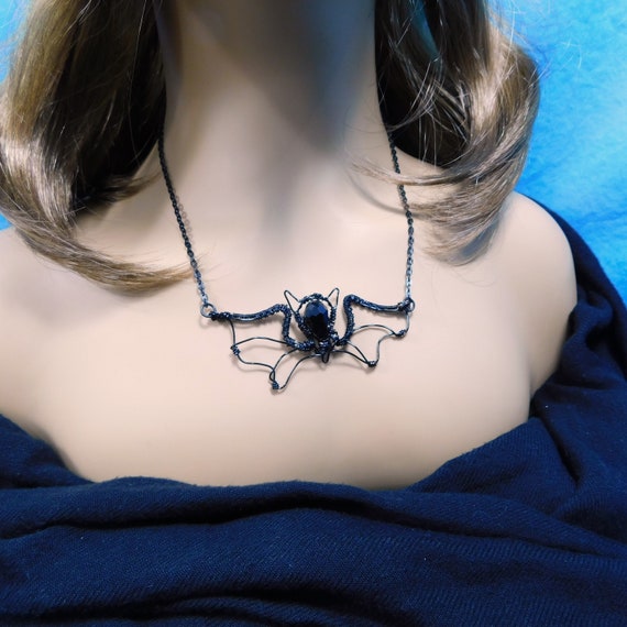 Unique Black Woven Wire Wrapped Bat Necklace, Women's Goth Pendant, Unusual Halloween Jewelry Gift for Girlfriend or Wife