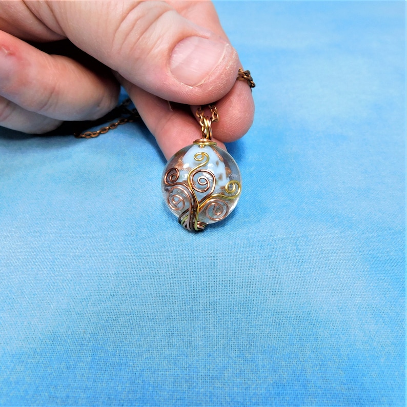 Artistic Pendant Wife Gift Artisan Crafted Wearable Art Jewelry Present Ideas for 7th Anniversary Copper Wire Wrapped Blue Glass Necklace