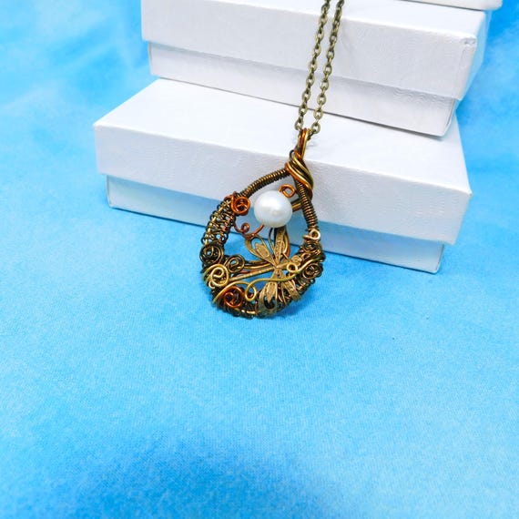Hand-Woven Wire Wrapped Dragonfly Pendant with Freshwater Pearl, 30th Anniversary Gift