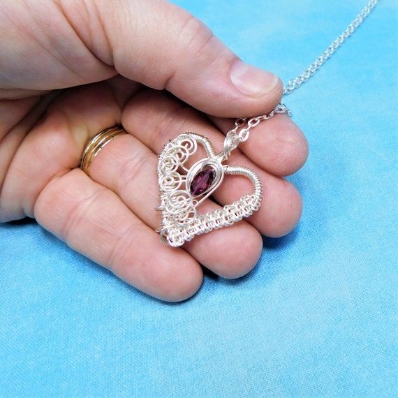 Artistic Wire Wrapped Garnet Necklace, Heart Shaped January Birthstone Pendant, Handmade Wearable Art Jewelry for January Birthday Present