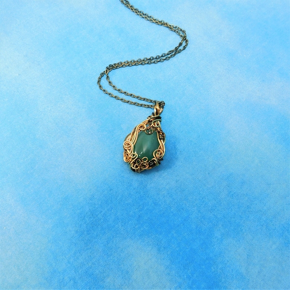 Wire Wrapped Green Jade Pendant, Woven Copper Gemstone Necklace, Unique Wearable Art 35th Anniversary Gift or Birthday Present for Wife