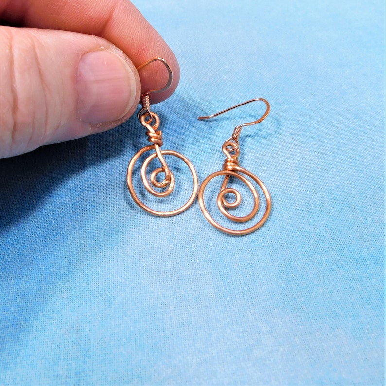 Round Natural Copper Earrings 7th Anniversary Gift for Wife Spiral Coil Earrings for Pierced Ears Nickle Free Artistic Wire Jewelry