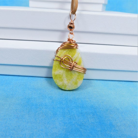 Copper Wire Wrapped Yellow Calcite Pendant Necklace, Artisan Crafted Rustic Gemstone Jewelry for Men or Women, Artistic Birthday Present