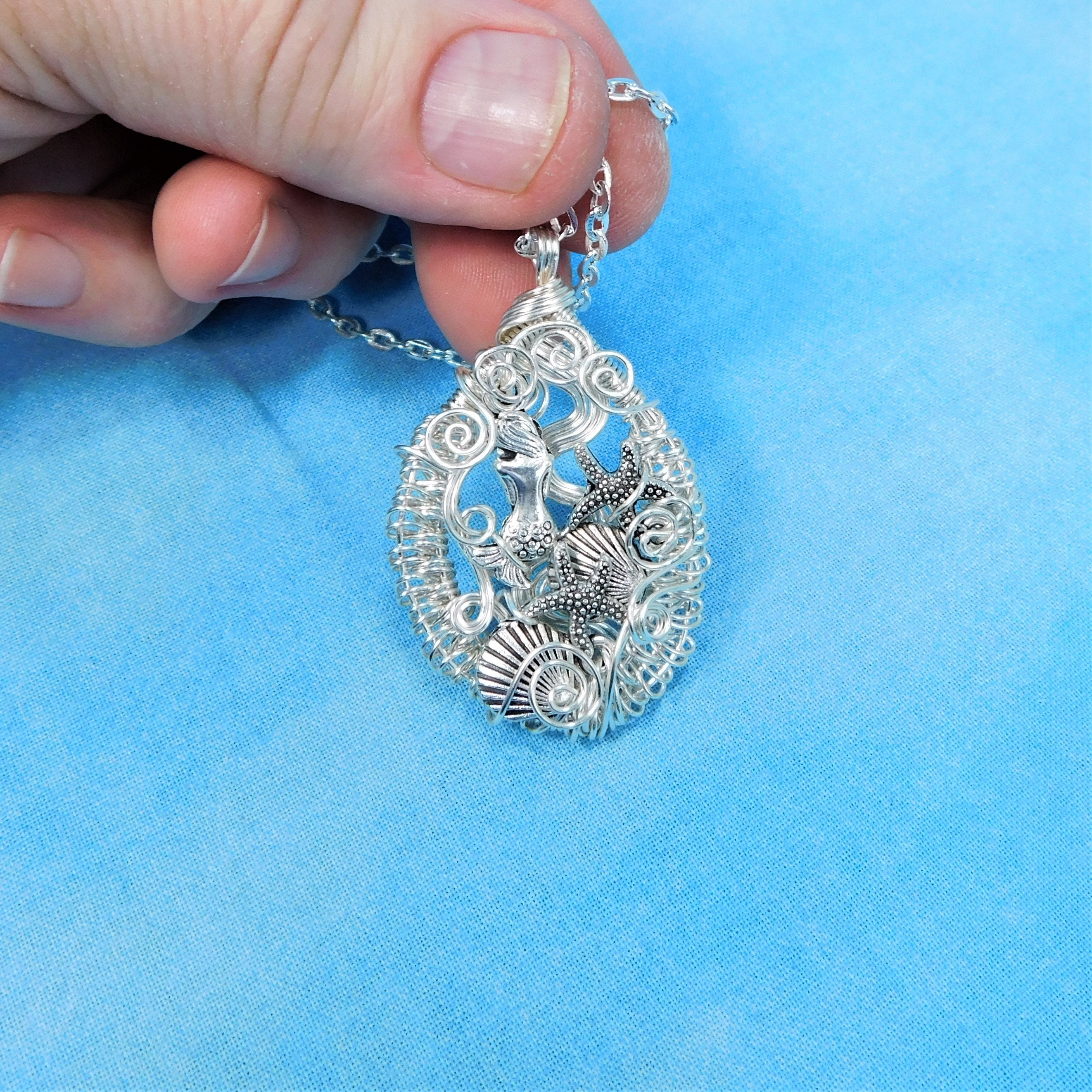 Artistic Mermaid Necklace Beach Theme Fantasy Jewelry, Woven Wire