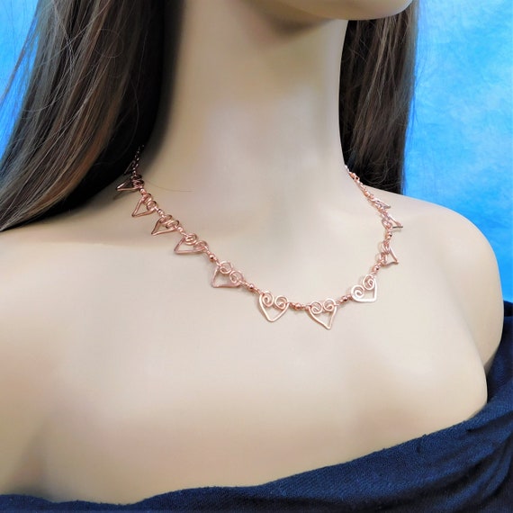 20 inch Copper Heart Necklace, Sculpted Wire Jewelry Wearable Birthday Present or  7th Anniversary Gift for Wife or Valentine for Girlfriend