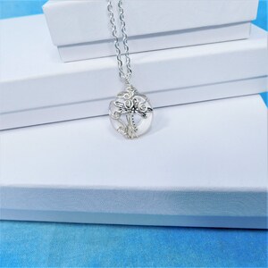 May include: A silver chain necklace with a clear glass pendant featuring a silver dragonfly design.