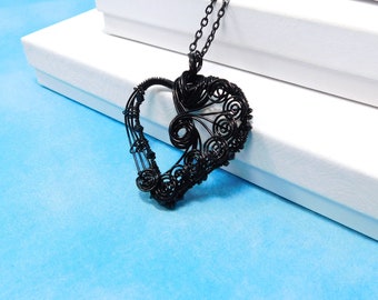 Artistic Black Heart Necklace, Woven Wire Heart Pendant, Handcrafted Jewelry Anniversary Gift or Birthday Present for Wife or Girlfriend