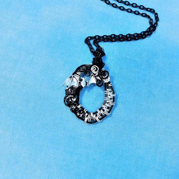 Unique Black Woven Wire Wrapped Bat Necklace, Women's Goth Pendant, Unusual Halloween Jewelry Gift for Girlfriend or Wife