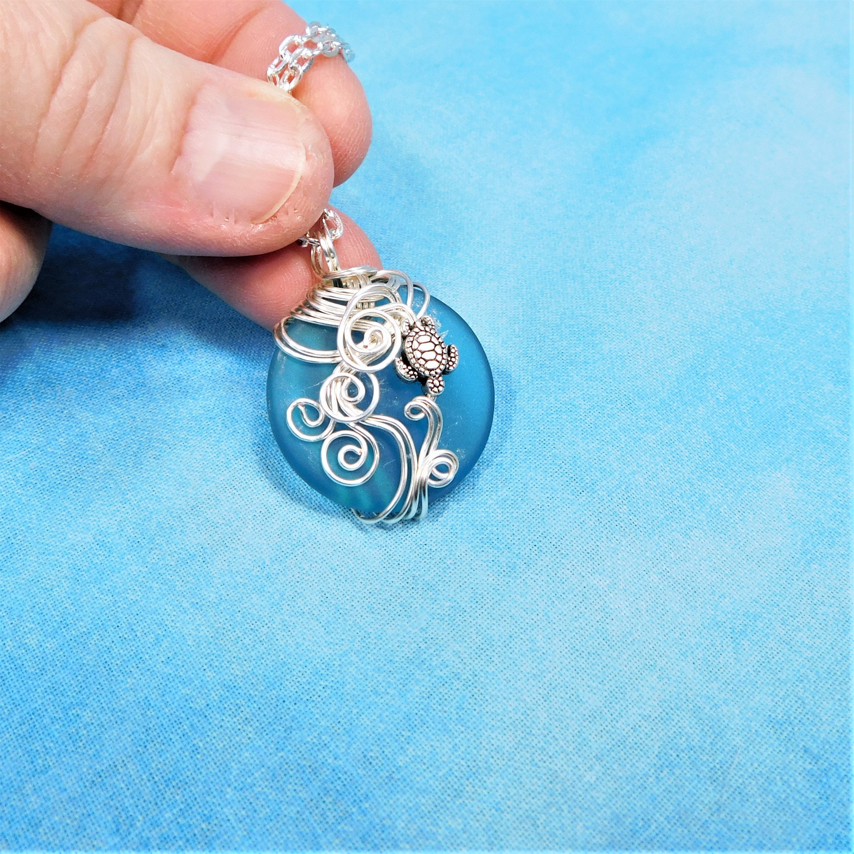 Handcrafted Sea Turtle Necklace, Wire Wrapped Blue Sea Glass Wearable