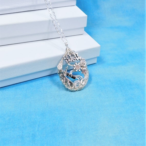 Snowflake Necklace Ski Jewelry, Snow Sports Skiing Theme Winter Pendant, Artisan Crafted Unique Woven Wire Wrapped Wearable Art