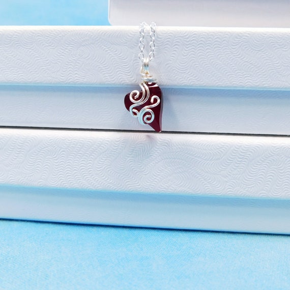 Artistic Crystal Heart Necklace, Handmade Wearable Art Jewelry Anniversary Present  for Wife, Wire Wrapped Red Heart Pendant