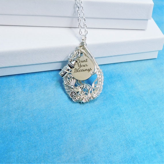 Grandma Necklace Gift for Mom, Count Your Blessings, Baby Announcement Jewelry, Wire Wrapped Mother in Law Gift Pendant for Pregnancy Reveal