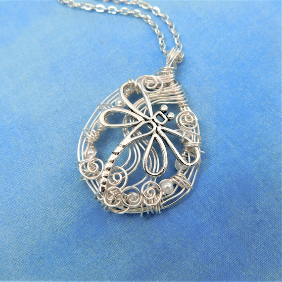 Artisan Crafted Dragonfly Necklace, Woven Wire Wrapped Wearable Art, Artistic Handmade One of a Kind Memorial Jewelry Bereavement Gift