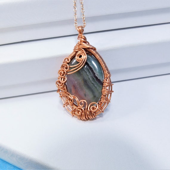 Wire Wrapped Fluorite Pendant, Artisan Crafted Woven Copper Necklace 7th Anniversary Gift for Wife, One of a Kind Gemstone Jewelry for Gift