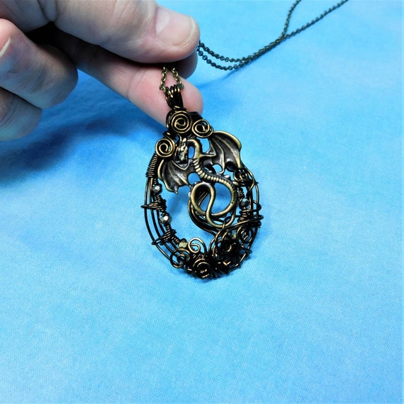 Unique Dragon Theme Jewelry, Rustic Copper Wire Wrapped Fantasy Necklace, Artistic Handmade Pendant, One of a Kind Wearable Art Jewelry