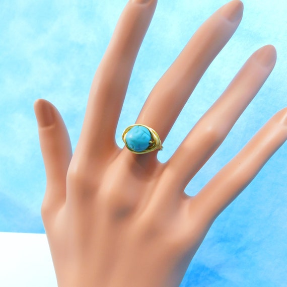 Copper Wire Wrapped Carved Turquoise Howlite Gemstone Ring, Wearable Art Jewelry Gift for Girlfriend or Wife, Last Minute Stocking Stuffer