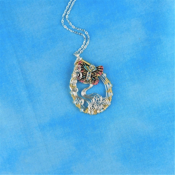 Artistic Butterfly Necklace, Woven Wire Wrapped Pendant with Crystals, Wearable Art Memorial Jewelry Bereavement or Sympathy Gift