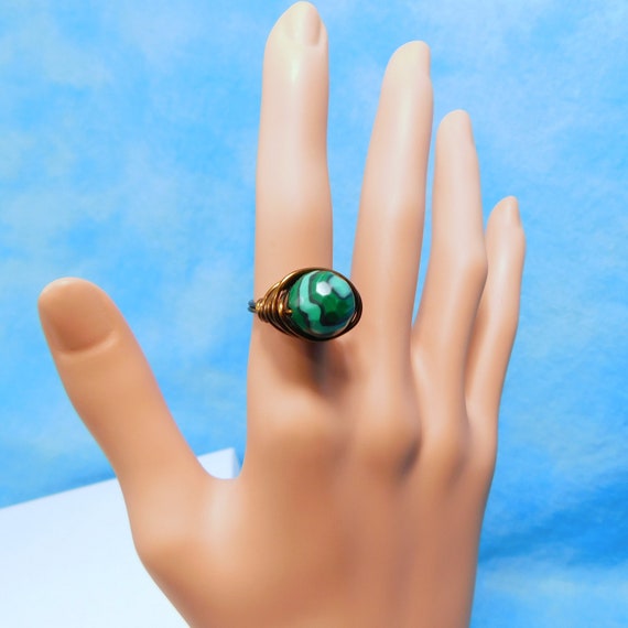 Copper Wire Wrapped Banded Agate Ring for Women, Wearable Art Jewelry Gift for Girlfriend or Wife, Unique Last Minute Stocking Stuffer Idea