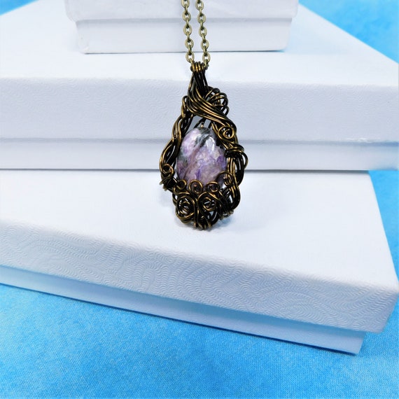 Wire Wrapped Siberian Charoite Jade Pendant, Woven Copper Purple Gemstone Necklace, Unique Wearable Art Anniversary Gift or for Wife