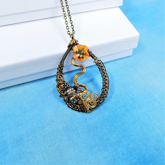 Artisan Crafted Bee Necklace, Artistic Handmade Honeybee Pendant, Unique Woven Wire Wrapped Wearable Art Bumblebee Jewelry Beekeeper Present