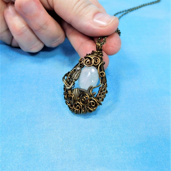 Wire Wrapped Aquamarine Seahorse and Starfish Pendant March Birthstone Necklace, Ocean Theme Gemstone Jewelry Mother's Day Gift for Wife