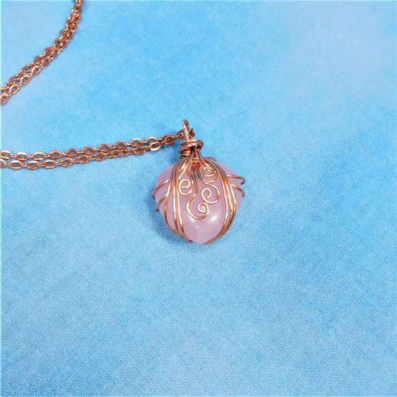 Wire Wrapped Rose Quartz Heart Necklace, Pink Heart Shaped Pendant, Wearable Art Gemstone Jewelry Birthday Present for Wife or Girlfriend