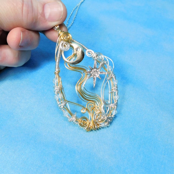 Artistic Moon and Star Necklace, Wire Wrapped Artisan Crafted Celestial Pendant, Lunar Jewelry Birthday Present for Girlfriend, Mom or Wife