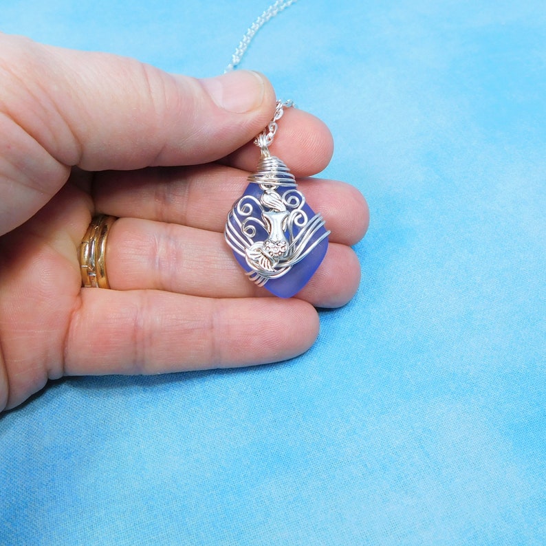 Wire Wrapped Ocean Pendant Birthday Present for Mom or Wife or Best Friend Gift for Her Mermaid Necklace Beach Theme Blue Sea Glass Jewelry