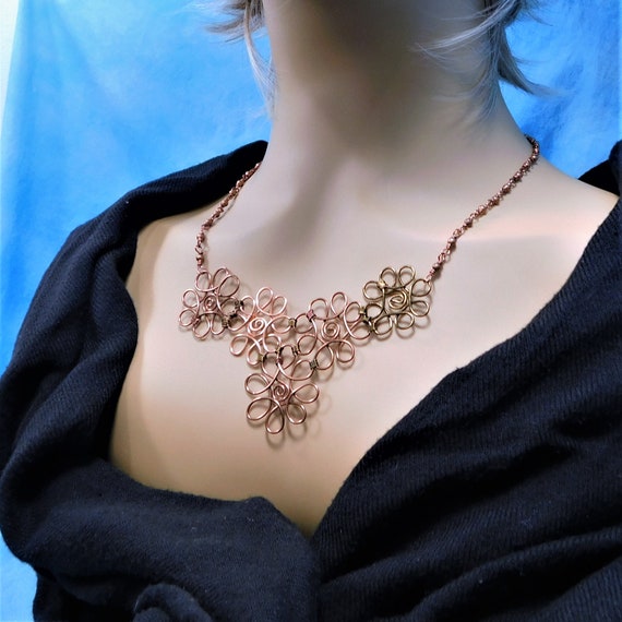 Copper Flower Necklace Wearable Art, Artisan Crafted Sculpted Wire Wrapped Jewelry, One of a Kind Artistic 7th Anniversary Gift for Wife