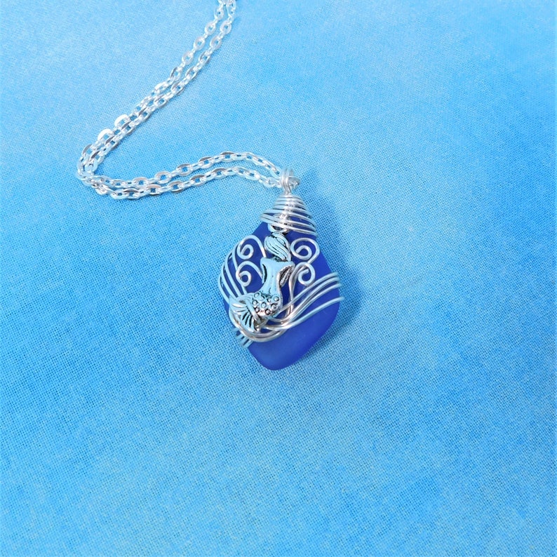 Wire Wrapped Ocean Pendant Birthday Present for Mom or Wife or Best Friend Gift for Her Mermaid Necklace Beach Theme Blue Sea Glass Jewelry