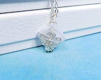 Wire Wrapped Blue Lace Agate Necklace, Artisan Crafted Gemstone Pendant, Artistic Handmade Wearable Art Jewelry Present for Wife or Mom