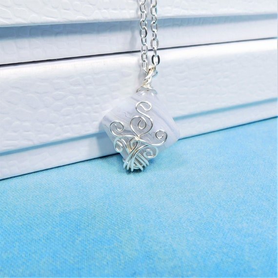Wire Wrapped Blue Lace Agate Necklace, Artisan Crafted Gemstone Pendant, Artistic Handmade Wearable Art Jewelry Present for Wife or Mom