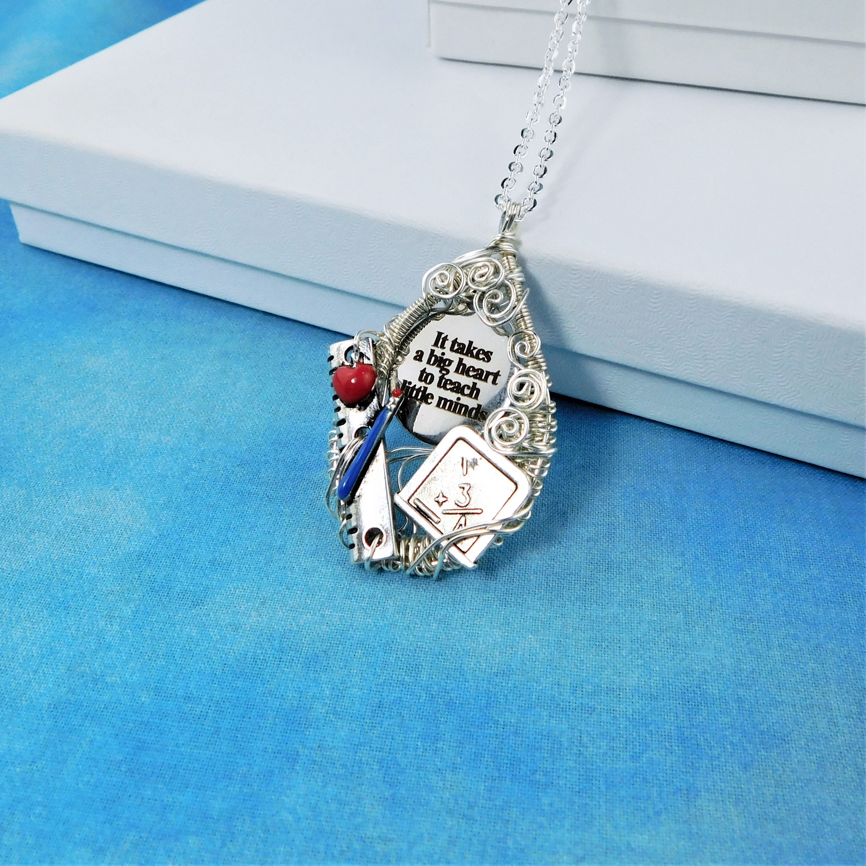 Teacher Retirement Gift Necklace School Theme Pendant, Wire Wrapped