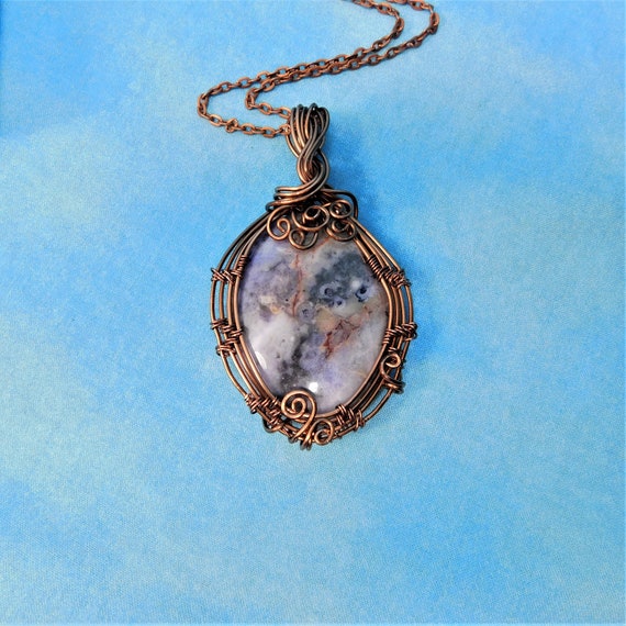 Woven Copper Crazy Lace Agate Pendant, Artistic Wire Wrapped Gemstone Necklace, Rustic Bohemian Jewelry Handmade Gift for Wife or Mom