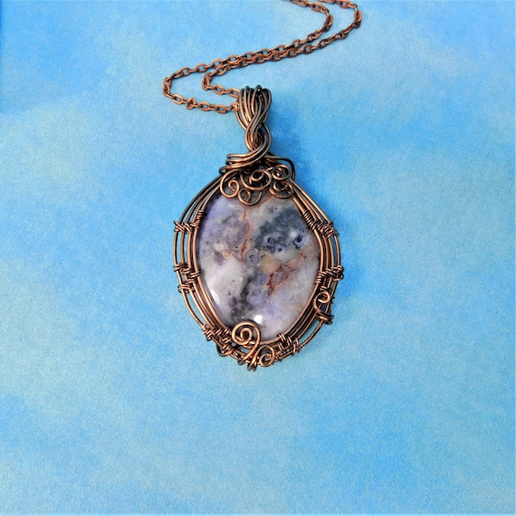 Woven Copper Crazy Lace Agate Pendant, Artistic Wire Wrapped Gemstone Necklace, Rustic Bohemian Jewelry Handmade Gift for Wife or Mom