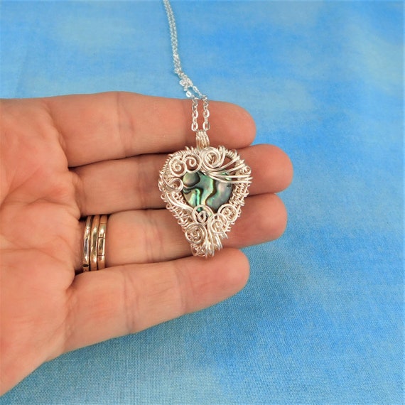 Artistic Abalone Heart Pendant, Unique Woven Wire Wrapped Romantic Necklace, Abalone Heart Necklace Anniversary Gift for Wife or Girlfriend