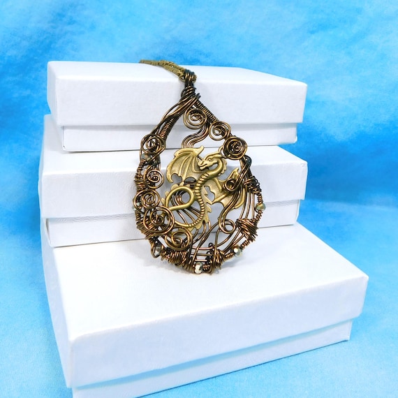 Unique Dragon Theme Jewelry, Rustic Copper Wire Wrapped Fantasy Necklace, Artistic Handmade Pendant, One of a Kind Wearable Art Jewelry