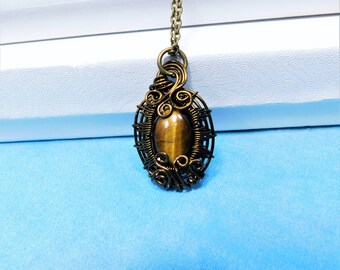 Wire Wrapped Tiger Eye Pendant Necklace, Artisan Crafted Wearable Art Gemstone Jewelry, Artistic Copper Jewelry Anniversary Gift for Wife