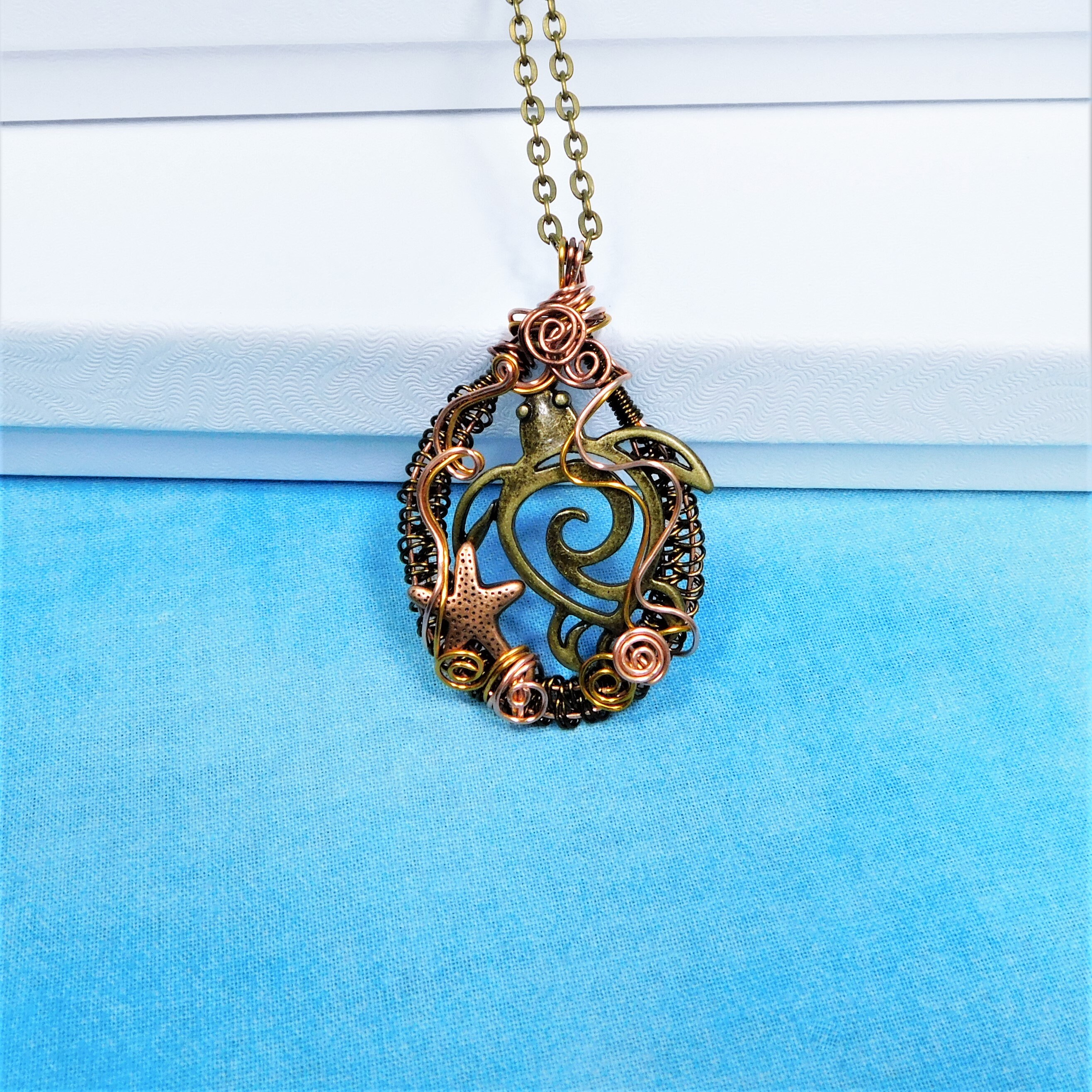 Woven Copper Sea Turtle Necklace, Artistic Handmade Wire Wrapped ...