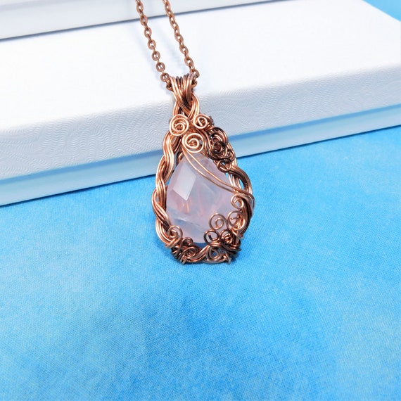 Artistic Rose Quartz Pendant, Artisan Crafted Wire Wrapped Gemstone Necklace, One of a Kind Wearable Art Jewelry Gift for Girlfriend or Wife