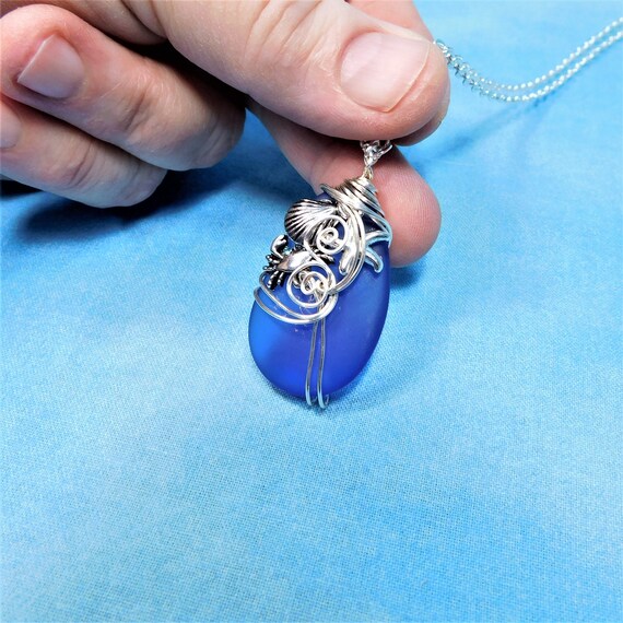 Wire Wrapped Ocean Pendant Birthday Present for Mom or Wife or Best Friend Gift for Her Mermaid Necklace Beach Theme Blue Sea Glass Jewelry
