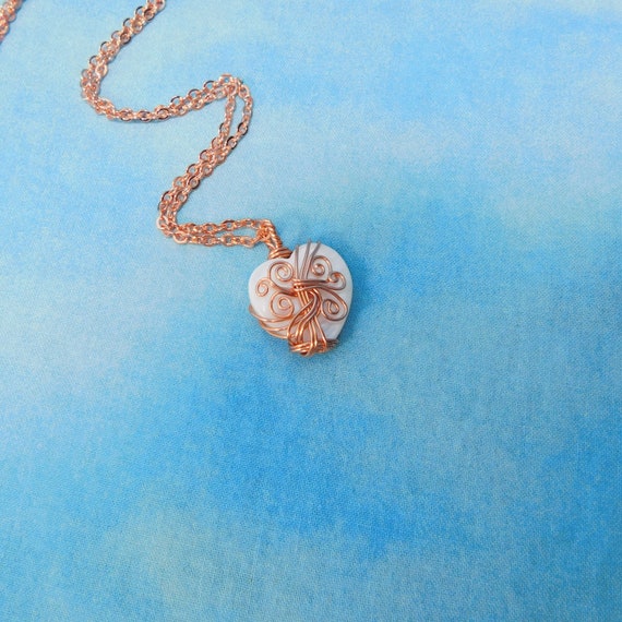 Artistic Wire Wrapped Mother of Pearl Heart Necklace, Copper Wrapped Heart Pendant Wearable Art Jewelry 7th Anniversary Gift for Wife